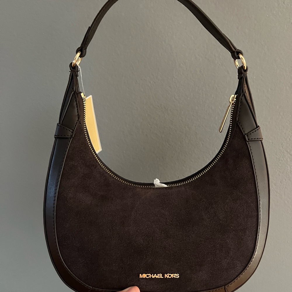 Michael Kors Preston Black Suede & Leather Hobo with Gold Hardware